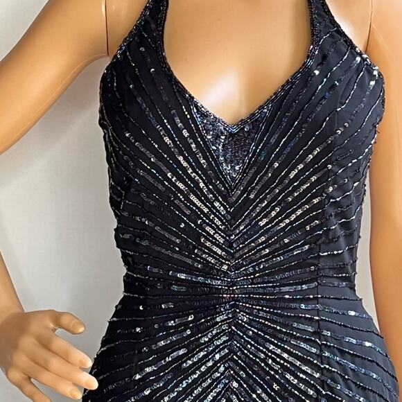 Vintage 90s Y2K Black Silk Beaded Halter Mini Cocktail Dress - Picture 5 of 10